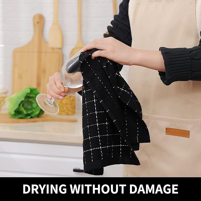 Homaxy 100% Cotton Terry Kitchen Towels(Black, 13 x 28 inches), Checkered Designed, Soft and Super Absorbent Dish Towels, 18 Pack
