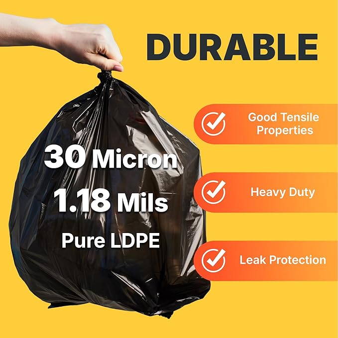Bagtron 33 Gallon Trash Bags, 30 Micron Heavy Duty Pure LDPE Garbage Can Liners, 33" x 39" Large, Black, 100 Count