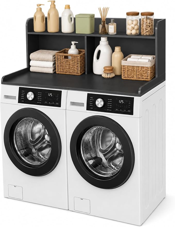 Royxen Washer Dryer Countertop with Extra Tall Shelf, 19" Height Washer and Dryer Topper, Laundry Countertop with Non-Slip Pads, Universal Fit for Laundry Room Organization, Black