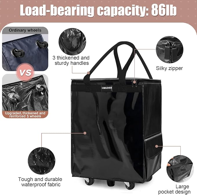 (Large,Black) Reusable Grocery Bag on 5 Wheels, 99L Foldable Rolling Tote Bag with 3 Handles and Zipper, Rolling Shopping Cart for Groceries, Storage, Laundry, Travel, Organizer, 86lb