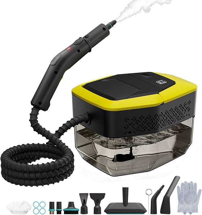 Heapsion Steam Cleaner, Steamer for Cleaning with 15s Fast Heat-Up, 6 Adjustable Levels, 12-Piece Accessories, 1500W Portable Steam Cleaner for Grout, Tiles, Kitchen, Car Detailing, Yellow
