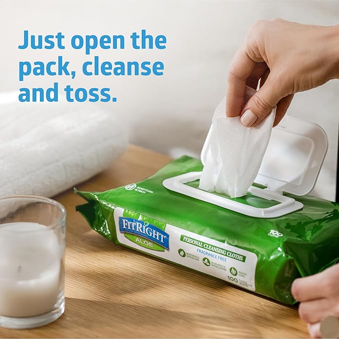 FitRight Aloe Personal Cleansing Cloth Wipes, Scented, 8 x 10 inch Adult Large Incontinence Wipes, 68 Count, Pack of 12