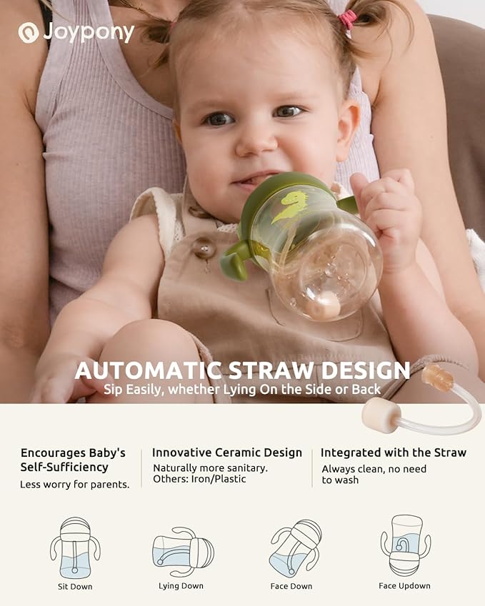Joypony Sippy Cups for Toddlers 1-3, Spill Proof Weighted Straw Cup with Handle for Baby 6 Months + old, 2 Silicone Straws, PPSU, BPA Free, 9 oz (Green)