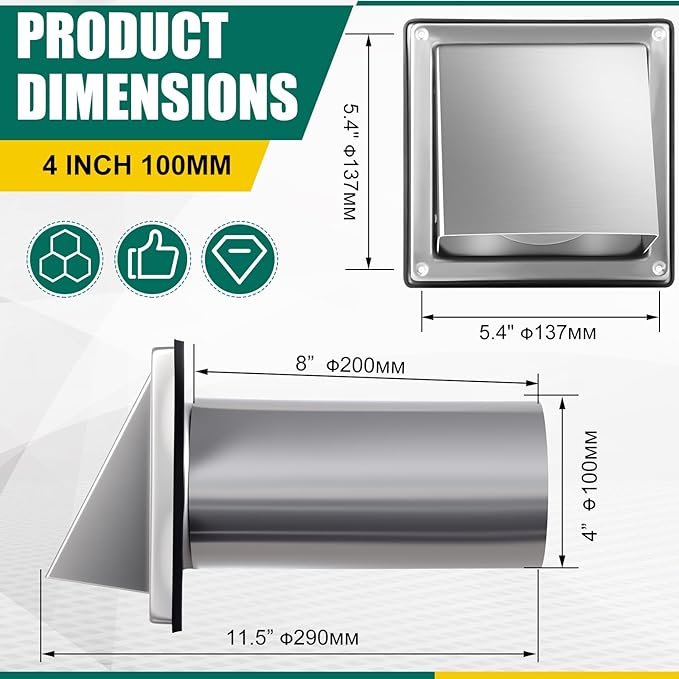 4 Inch Dryer Vent Cover Outside with Stainless Steel Guard Outdoor Wall Dryer Exhaust Vent Cover Shroud Hood Cushioned Non Return Flap with Sealing Gasket(Hexagon, with Extension Tube)