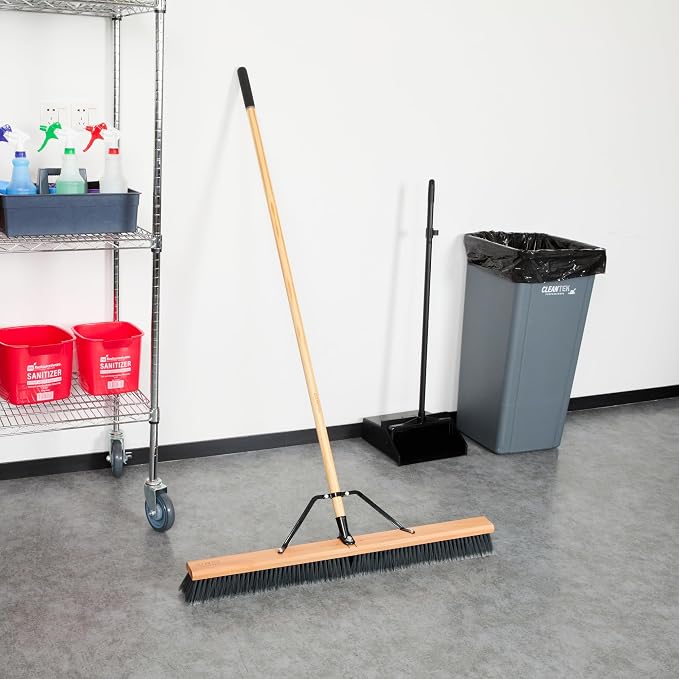 Restaurantware-Clean Tek Professional 36 Inch Push Broom, 1 Heavy-Duty Broom with 60â€ Handle - Medium Plastic Bristles, Durable, Wooden, Commercial Use, for Deck, Driveway, Garage, Yard, Patio