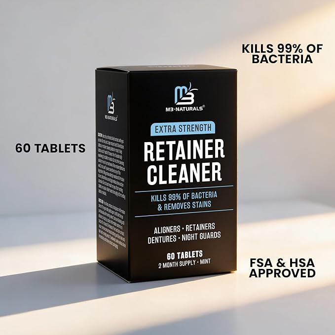 Retainer Cleanser Tablets Cleaner, Removes Odors Discoloration Stains and Plaque 2 Month Supply Denture Cleansers Retainers Mouth Guards Denture Bath Mint by M3 Naturals (Pack of 2)