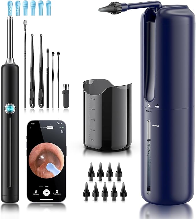 Ear Wax Removal - Electric Ear Irrigation Flushing System with 4 Pressure Modes, Ear Cleaner with Camera, 1080P Otoscope, Ear Cleaning Tool with 7 Pcs Ear Set, Safe and Effective Earwax Removal Kit