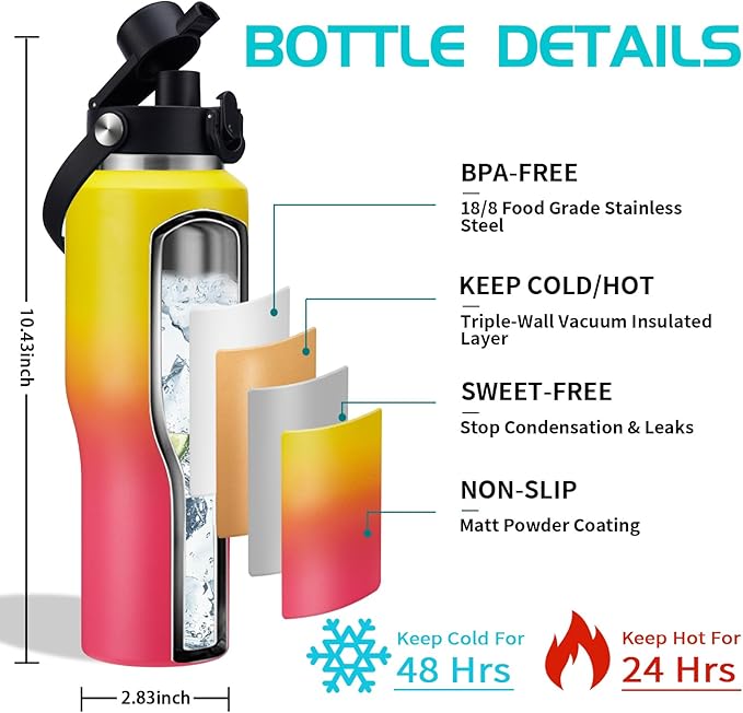 32oz Stainless Steel Water-Bottle with Straw -Keeps Cold 48h & Hot 24h, Insulated Water Bottles w/Strap Carrier Pouch & Boot, Travel Cup Fits in Car Cup Holder