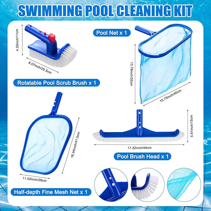 5 Pack Deluxe Swimming Pool Cleaning Kit Including Swimming Spa Jet Vacuum Cleaner Rotatable Scrub Brush Pool Brush Leaf Skimmer Net Half-Depth Fine Mesh Net with 55" Pole