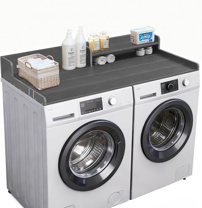 Washer Dryer Countertop, HDPE Laundry Countertop with Storage Shelf and Edge Rails-Grey