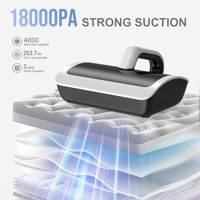 Mattress Vacuum Bed Vacuum Cleaner with UV 18000pa Super Suction Power，HEPA Filter 253.7nm UV-C Light & 30000 RPM/Min Brushroll Rotation & Heating & Ultrasonic Quintuple Tech (Corded)