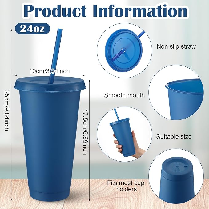 Honeydak 30 Pack Tumbler with Straw and Lid Bulk Cups for Gifts Water Bottle Iced Coffee Travel Mug Cup Reusable Plastic Tumblers for Party Birthdays 24-27 oz (Dark Blue)