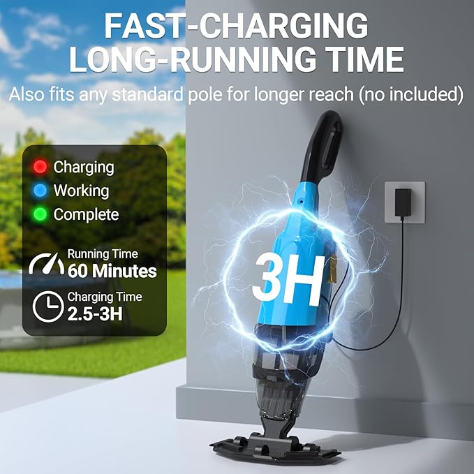 Pool Vacuum for Above Ground Pool, 18GPM Powerful Suction/87” Extension Pole/60Mins Runtime, Spot Fast Cleaning Cordless Handheld Pool Vacuum Cleaner for Spas Inground Above Ground Pool Vacuums