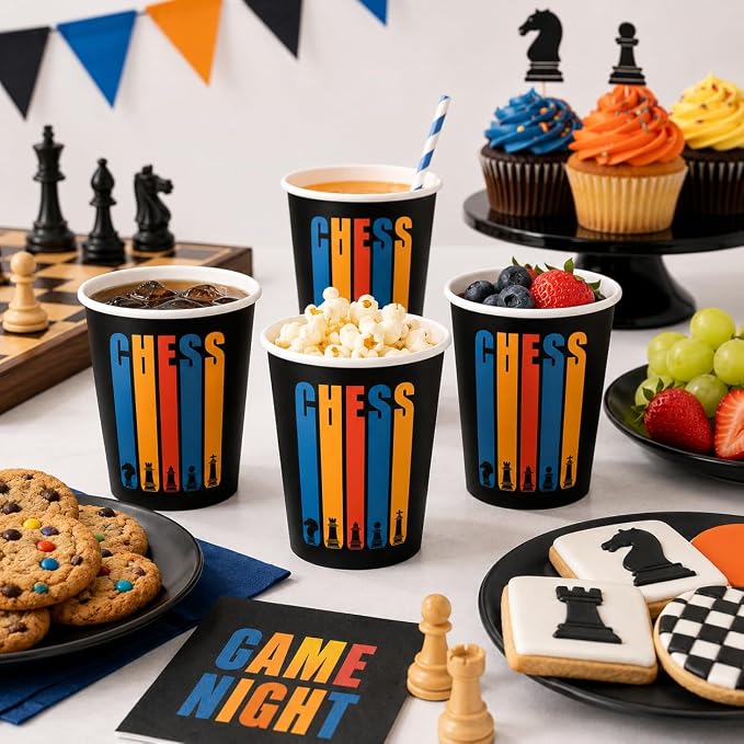 50 Pcs 9oz Chess Party Cups Birthday Decorations Disposable Paper Cup Jam Party Supplies Table Decorations Drinking for Birthday Party Favors