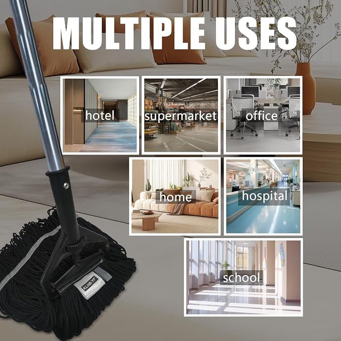 Commercial Cotton Mop Heavy-Duty Industrial with 2 Replacement Heads 152 cm Handle Replacement mop Head (Black)