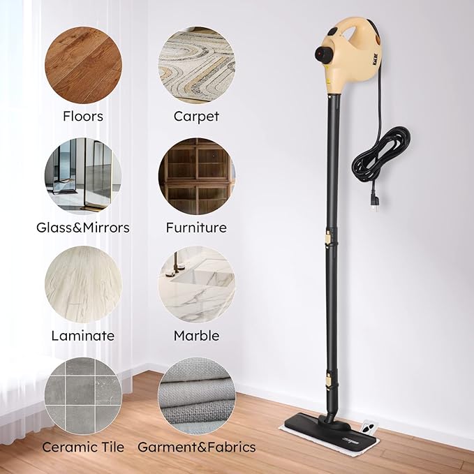 KeLDE 1300W Pressurized Handheld Steam Cleaner with Extension Rod, 12 Accessories, Multi-Surface Multi-Purpose Steam Mop for Deep Cleaning Home, Kitchen, Floor, Grout, Upholstery, Sofa, Carpet and Car