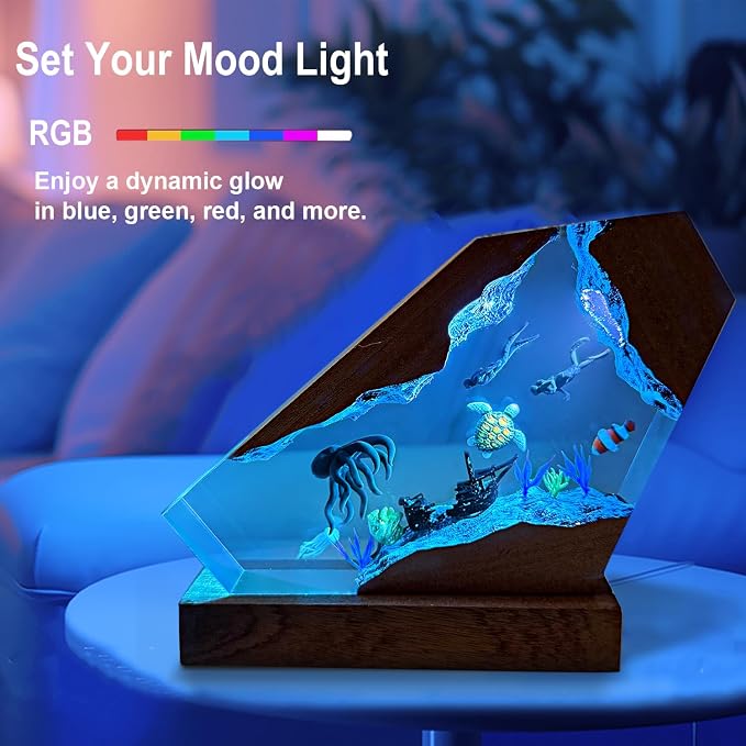 Octopus Ocean Resin Lamp, Handcrafted RGB Ocean Lamp with Wooden Base,Octopus Decor for Bedroom, Scuba Diving Gifts for Him & Her, Unique Birthday & Holiday Gifts for Women (M 8"X5")
