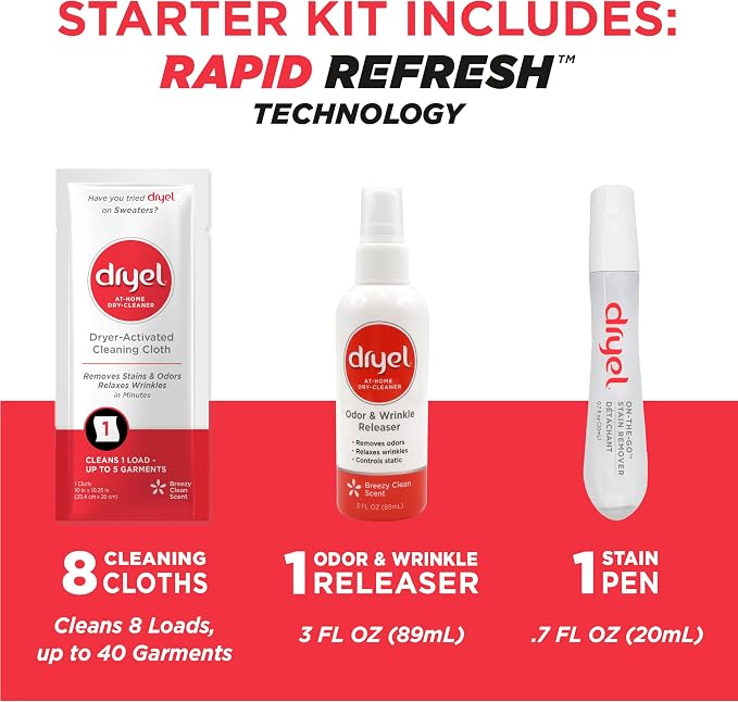 dryel At-Home Dry Cleaner Starter Kit with Wrinkle Release Spray, New and Improved, Gentle Laundry Care for Special Fabrics and Dry-Clean-Only Clothes, 8 Loads with On-the-Go Stain Remover