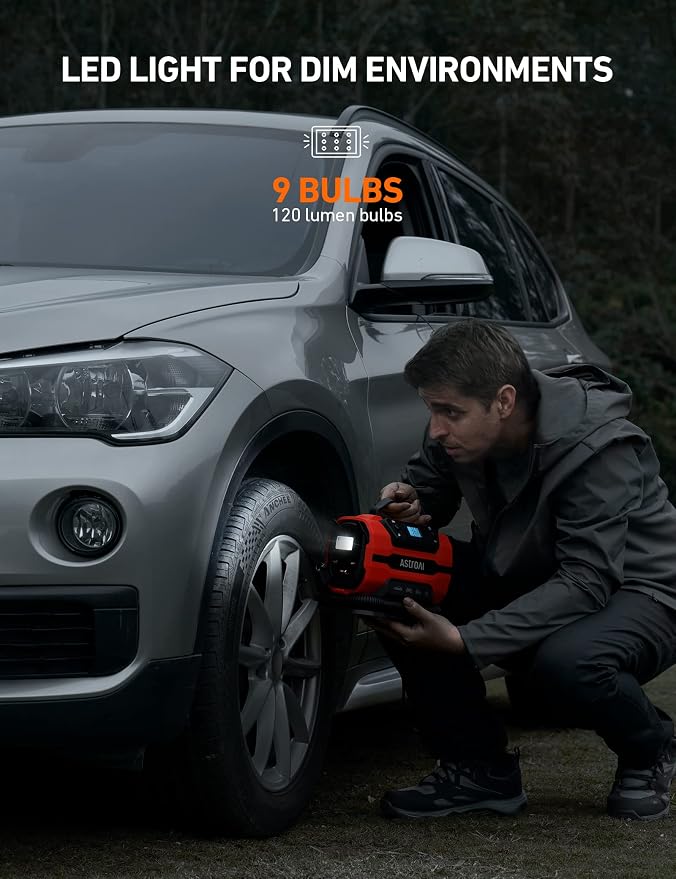 AstroAI Tire Inflator Portable Air Compressor Pump 150PSI 12V DC/110V AC with Dual Metal Motors&LED Light, Automotive Car Accessories&Two Modes for Car, Bicycle Tires and Air Mattresses, Red