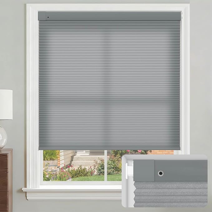 No Drill Cellular Shades, Dark Gray Custom Size Cordless Light Filtering Pull Down Pleated Honeycomb Blind Thermal Insulated Easy Install for Indoor Window Bedroom Living Room Kitchen Door