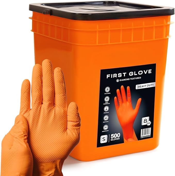 First Glove 8 Mil Orange Diamond Texture Nitrile Bucket of Gloves - Industrial Nitrile Gloves - Latex-Free - 500 count