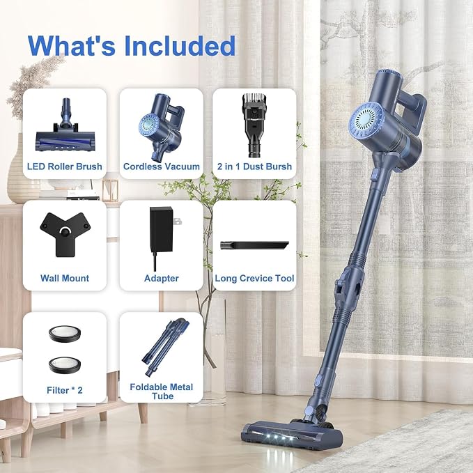 PRETTYCARELIFE 6-in-1 Cordless Vacuum Cleaner,Stick Vacuum with 180° Bendable Wand,High Power/Powerful Suction/Long Runtime,Self-Standing Wireless Vacuum for Hardwood Floor (Blue)
