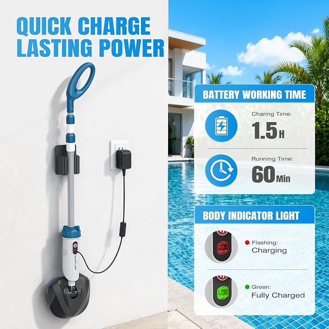 18.5 GPM Suction Pool Vacuum for Above Ground Pool,Hot Tubs,Spas | Telescopic Pole Up To 75'', 1.4L Debris Capacity, 60 Min Runtime, Filter Net*2, Cordless Pool Vacuum
