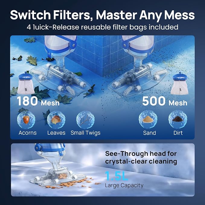 Handheld Pool Vacuum for Above Ground & Inground Pools, Consciot Cordless Rechargeable Pool Cleaner with Telescopic Pole up to 87.5", 1110 GPH Suction, 60Min Runtime, See-Through Head, Light Blue