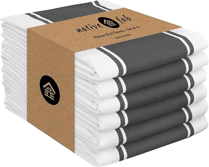 Native Fab Gray Kitchen Towels 18x28 Inch, Set of 6, Wide Stripe, Super Absorbent, Quick Dry, Soft, 100% Cotton Dish Towels for Wiping Hands, Drying Dishes, Cleaning Dishcloths Set - Grey