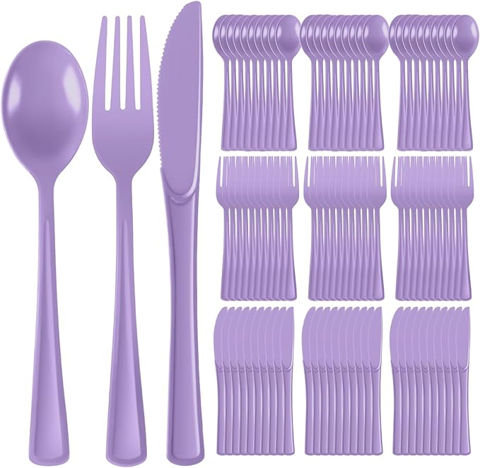 Plastic Silverware 150 PCS Disposable Silverware Heavy Duty Utensil Sets 50 Of Each Forks Knives & Spoons Disposable Cutlery Set For Easter,Birthday,Baby Shower,Garden Party,Wedding(150,Lavender)