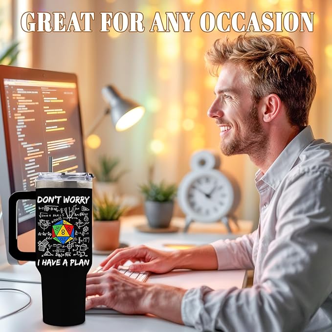 DUUV Funny Tumbler 40 Oz with Handle, Don't Worry I Have a Plan Dice and Math Design, Sarcastic Nerd Gifts for Gamers Math Lovers, Birthday Christmas Gift, 1PCS