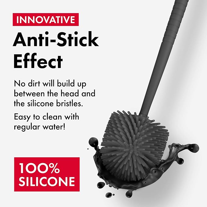 Tyroler Bright Tools Toilet Brush Set Made of 100% Silicone, Anti-Stick Effect Bristle Toilet Bowl Brush and Holder Fit All Toilets & Bathrooms (Gray)