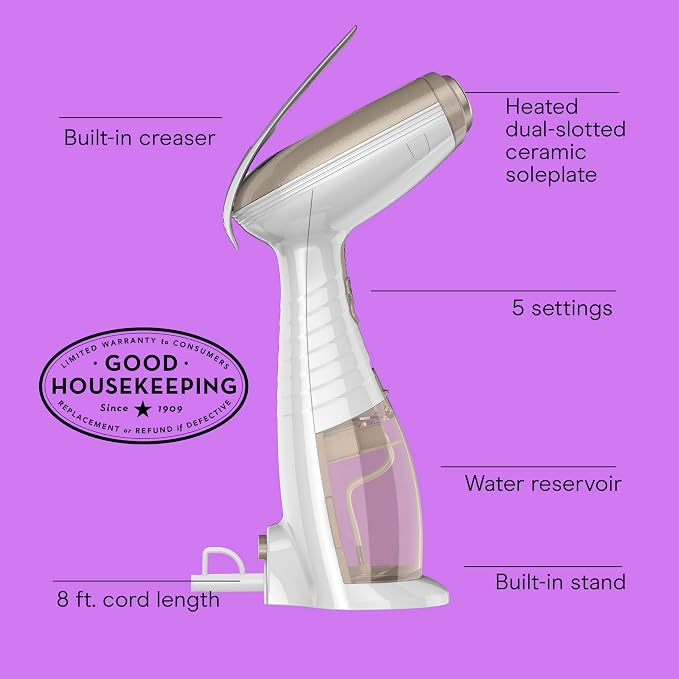 Conair Handheld Garment Steamer for Clothes, Turbo ExtremeSteam 1875W Fabric Steamer, Portable Handheld Design, Strong Penetrating Steam, White/Champagne (Pack of 2)