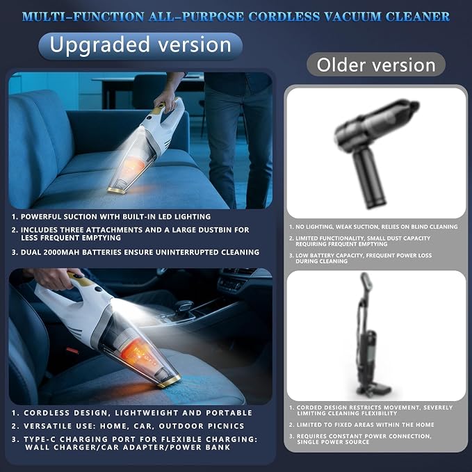 Handheld Vacuum Cordless Rechargeable, Portable Car Vacuum Cleaner | Strong Suction Hand Vacuum with LED Light, Washable Filters and Attachments for Car, Pet Hair, Home and Office