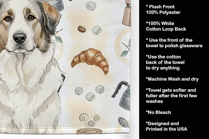 Caroline's Treasures Badger Great Pyrenees Coffee Bar Kitchen Towel Velour Plush Front and Cotton Loop Back Machine Washable