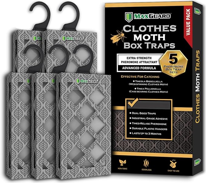 MaxGuard Clothes Moth Traps (5-Pack) – Non-Toxic Pheromone Glue Traps for Closets – Targets Webbing & Case-Bearing Moths – No Mothballs Needed