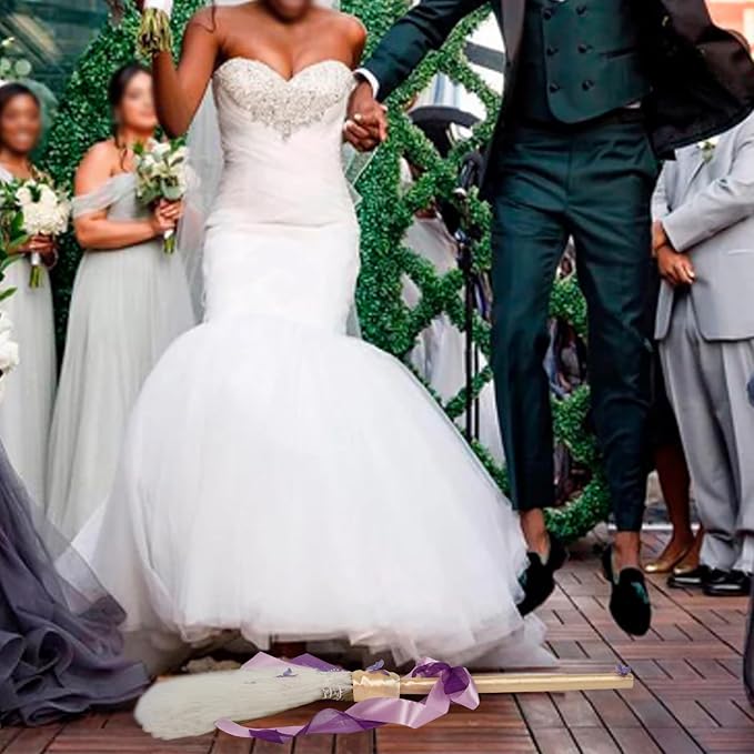 Wedding Broom Jumping Broom for Wedding Ceremony 28 inch Tall Whisk Brooms with Straw White Pampas Grass, Purple Butterfly/Ribbons (Finish Product)