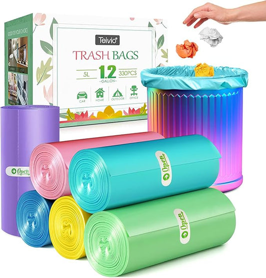 1.2 Gallon/330pcs Strong Trash Bags Colorful Clear Garbage Bags by Teivio, Bathroom Trash Can Bin Liners, Small Plastic Bags for home office kitchen, Multicolor