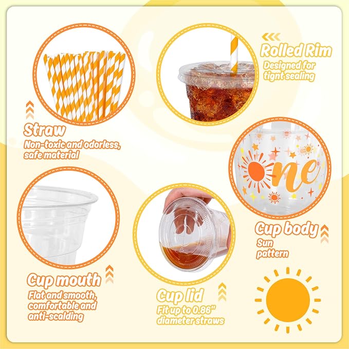 Whaline 50 Pcs One Sun Disposable Plastic Cups with Lids and Straws 12 Oz Boho Sunshine Cold Beverage Drinking Cups for First Birthday Baby Shower Party Supplies