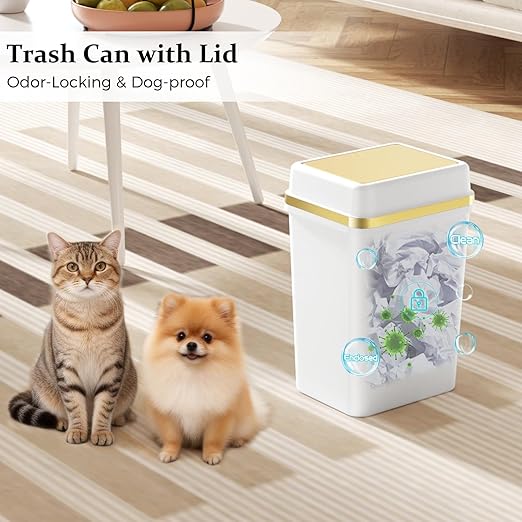 3 Pack Bathroom Trash Can with Lid 4 Gallon Small Trash Can with Press Top Lid White and Gold Bathroom Garbage Can with 150 Counts Trash Bags for Kitchen Bedroom Office