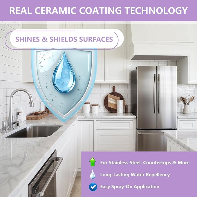 Ceramic Coating Spray for Kitchen Appliances & Stainless Steel –8.66oz Easy Cleaning & Long-Lasting Multi-Surface Shine – Fingerprint Resistant Cleaner & Sealer for Sinks, Fridges, Stoves