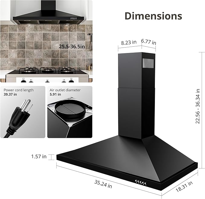 FIREGAS Black Range Hood 36 inch with Ducted Convertible Ductless, Kitchen Wall Mount Chimney-Style Over Stove Vent, 3 Speed Exhaust Fan, LED Lights