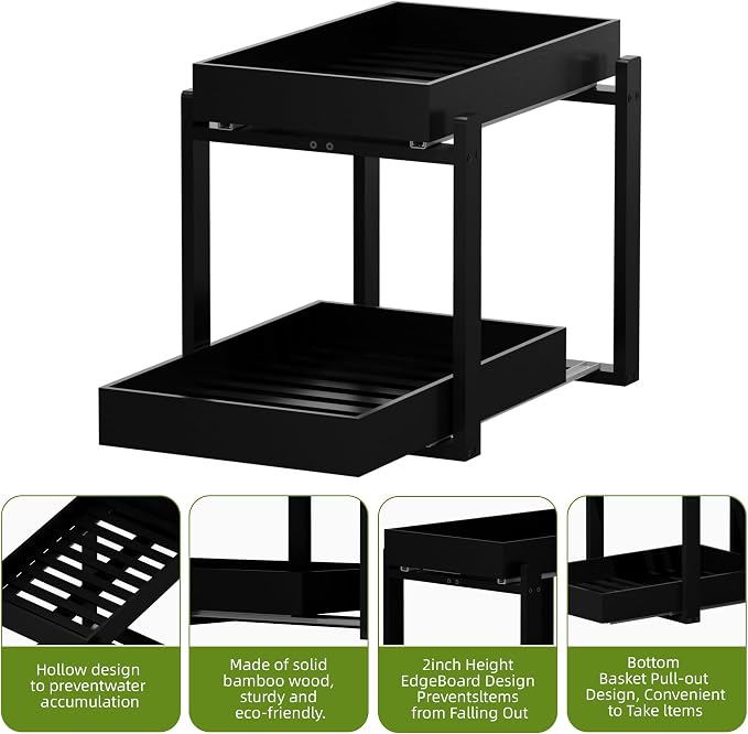 APRTAT 2 Pack Under Sink Organizer, Bamboo Wooden 2-Tier Pull-Out Storage with Sliding Drawers for Kitchen and Bathroom Cabinets, Easy Installation (Black, 1 pack)
