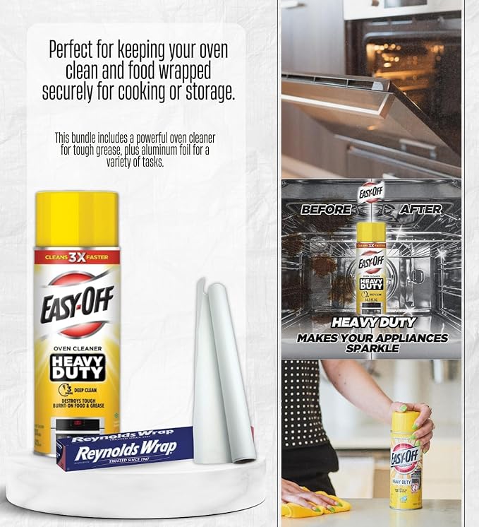 Easy-Off Heavy Duty Oven Cleaner 14.5 oz Spray Bundle with 2x Fox Run 15 in. W Parchment Paper + Reynolds Aluminum Foil Wrap – Ideal for Oven Cleaning, Baking, and Food Prep – Gift Set (4 Items)