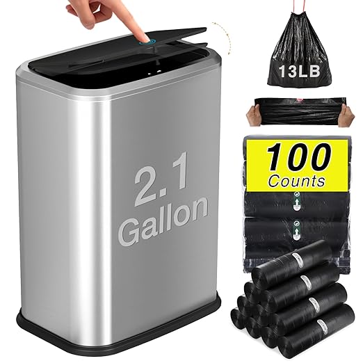 Bathroom Trash Can with Lid, 8L/2.1 Gallon Silver Trash Can Small Garbage Can with Press Top Lid Slim Stainless Steel Garbage Can with 100 Counts Trash Bags for Bathroom Bedroom Kitchen Office Toilet