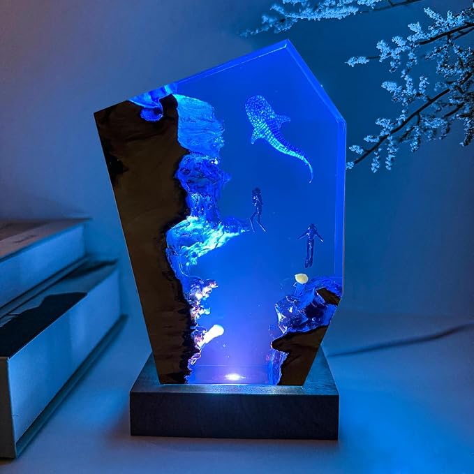 Whale Shark Resin Ocean Lamp, Handmade RGB Ocean Lamp with Wooden Base for Home Decor, Scuba Diving Gifts for Ocean Lovers,Unique Birthday Valentine's Day Gifts for Women & Men (L,10"x6")