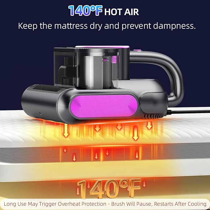Mattress Vacuum, 15kPa Bed Mattress Cleaner with Super Suction and 275nm Uv-C Light,500W Handheld Mattress Vacuums for Bed Sofa Furniture Crib, Replacement Filter Included(Corded，38000RPM)