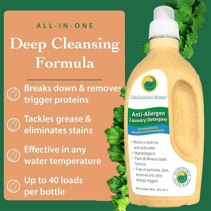 Anti-Allergy Laundry Detergent - Natural Allergy Free Laundry Soap - Pet Laundry Detergent for Dander Allergy, Pollen - Safe on Sensitive Skin & Washing Baby Clothes, Fragrance Free & Unscented