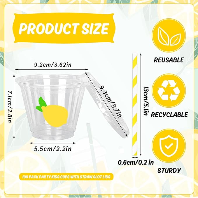 Whaline 100 Pcs Lemon Disposable Plastic Cups with Lids and Straws, 9 Oz | Yellow Lemon, Fruit Theme, Cold Beverage Drinking Cups, for Party Iced Coffee Smoothie Juice Tea