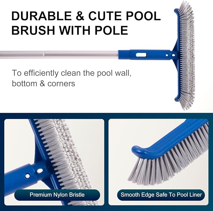 POOLAZA Pool Cleaning Kit Above Ground & Inground Pools, Include Sturdy Pool Brush Head, Ultra Fine Mesh Pool Skimmer Net, 57.5'' Thickened Aluminum Pool Pole & Durable Pool Floater